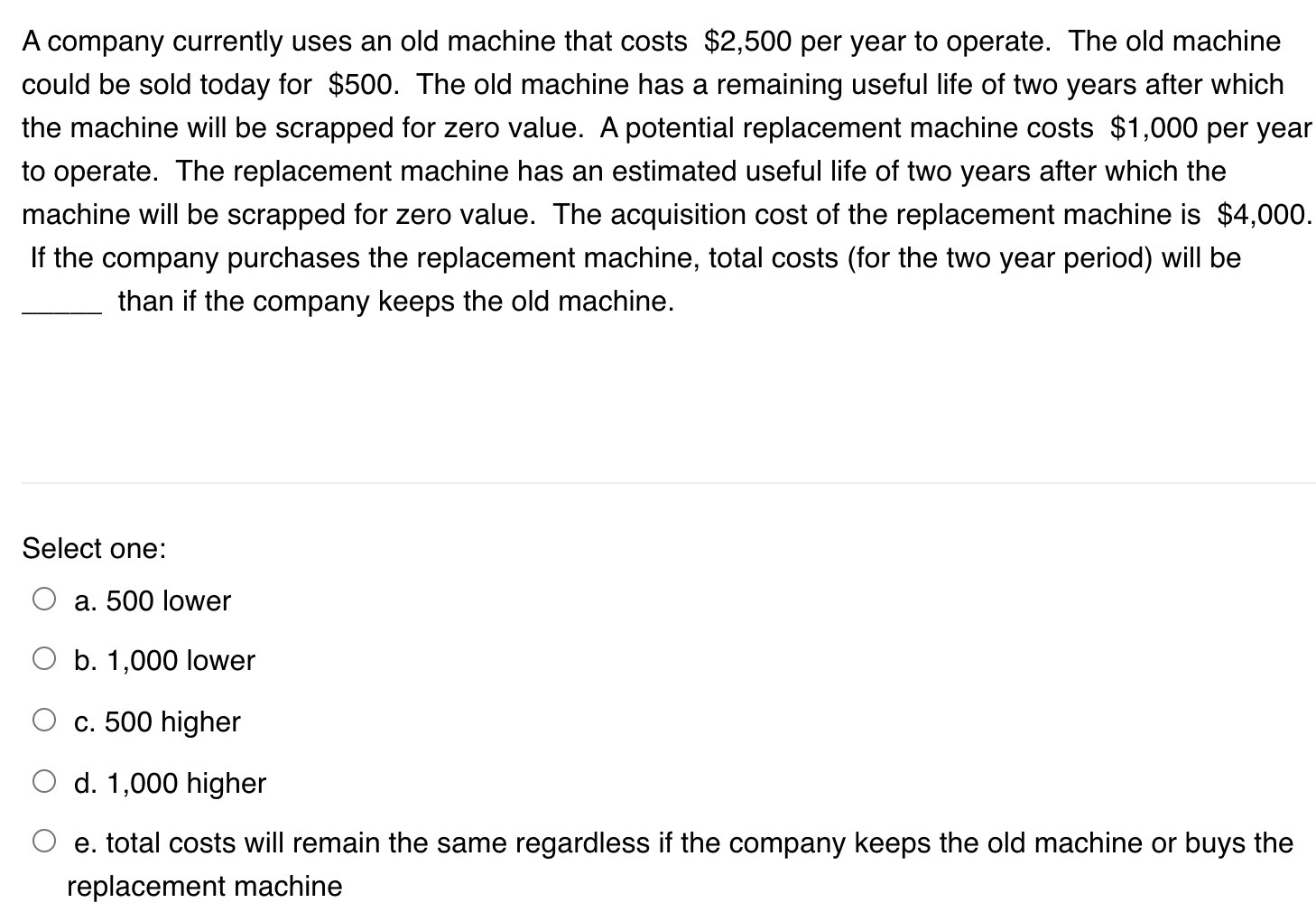 A company currently uses an old machine that costs $2,500 per
