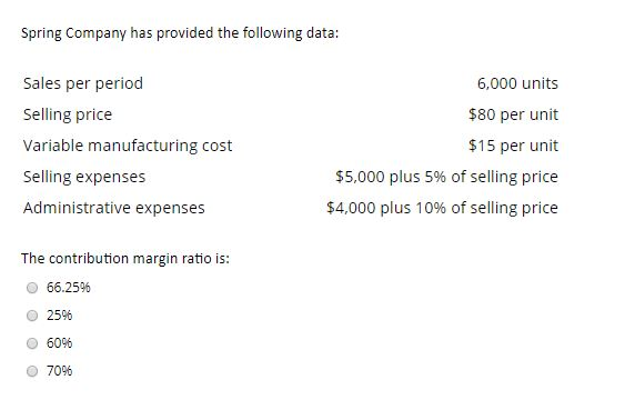  Spring Company has provided the following data: Sales per period Selling
