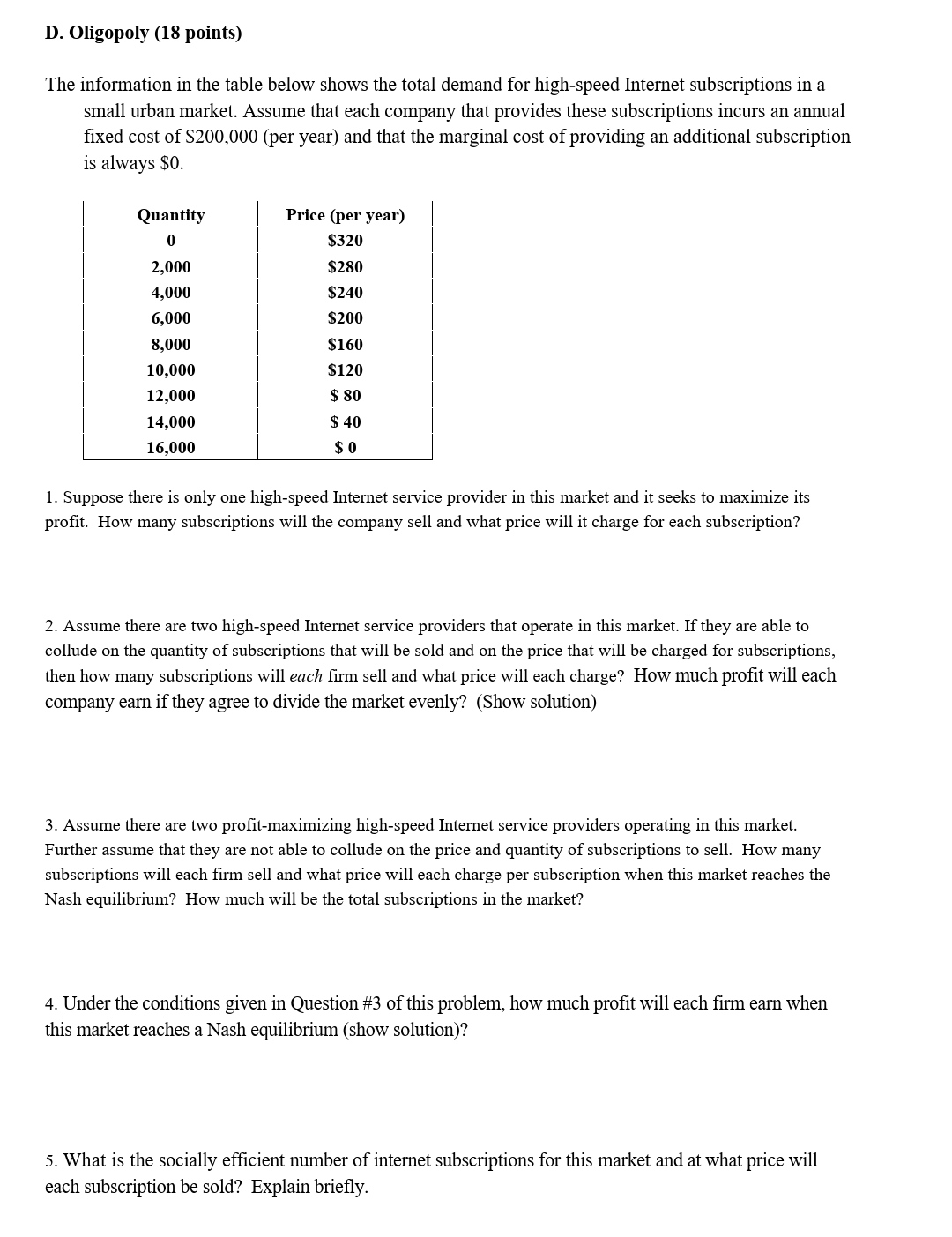 D. Oligopoly (18 points) The information in the table below shows