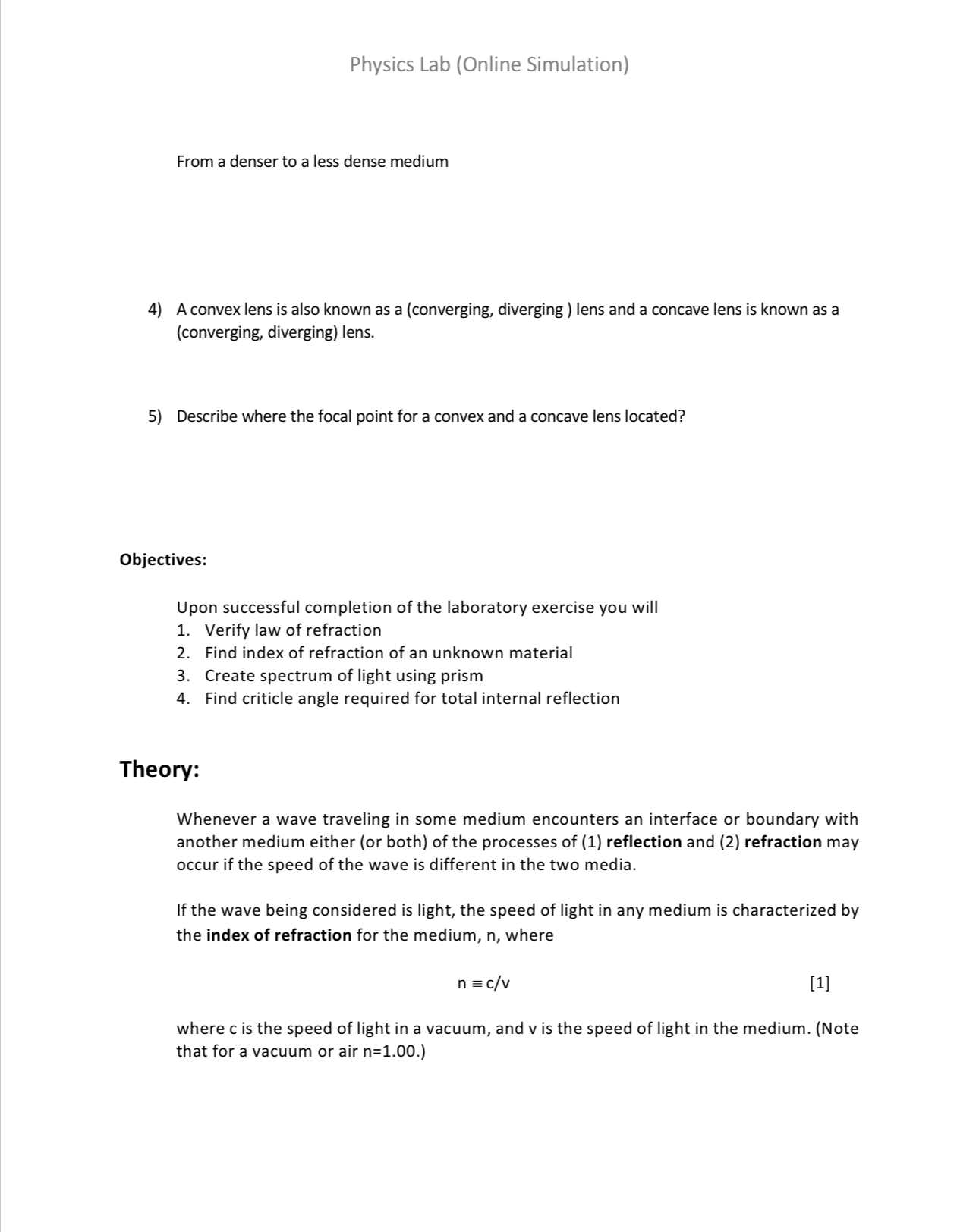 Simulation) Light Reflection & Refraction Critical Angle, Spectrum Electricity and Light TA