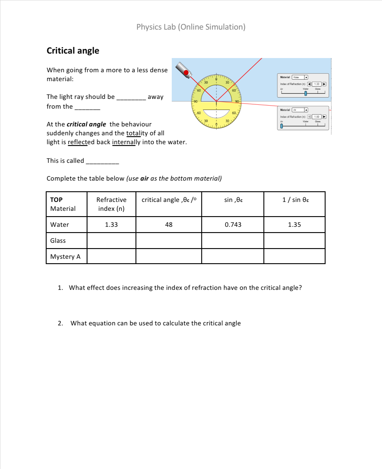 From a less dense to a denser medium Physics Lab (Online Simulation)