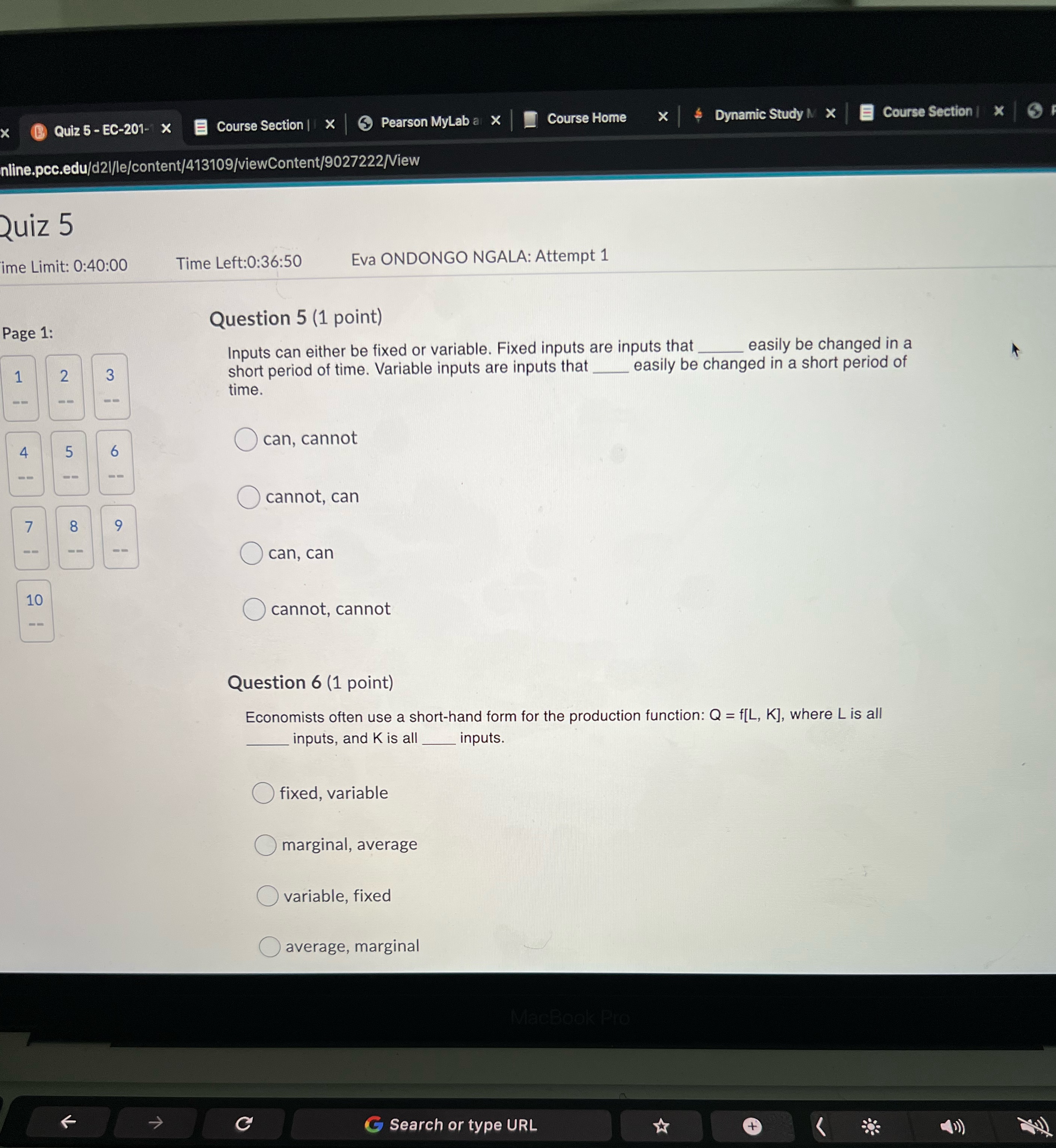  B Quiz 5 - EC-201- x Course Section | |X Pearson
