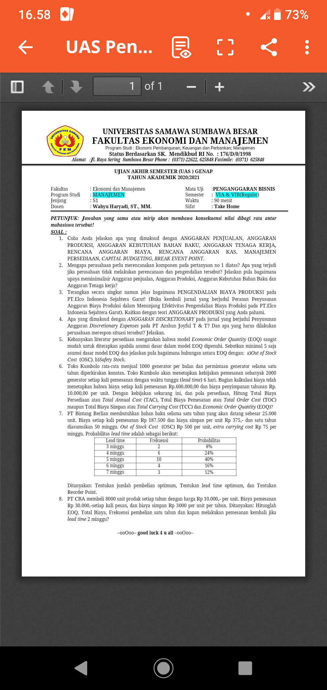 16.58 e " 73% UAS Pen... Alamat Fakultas Program Studi Jenjang Dosen