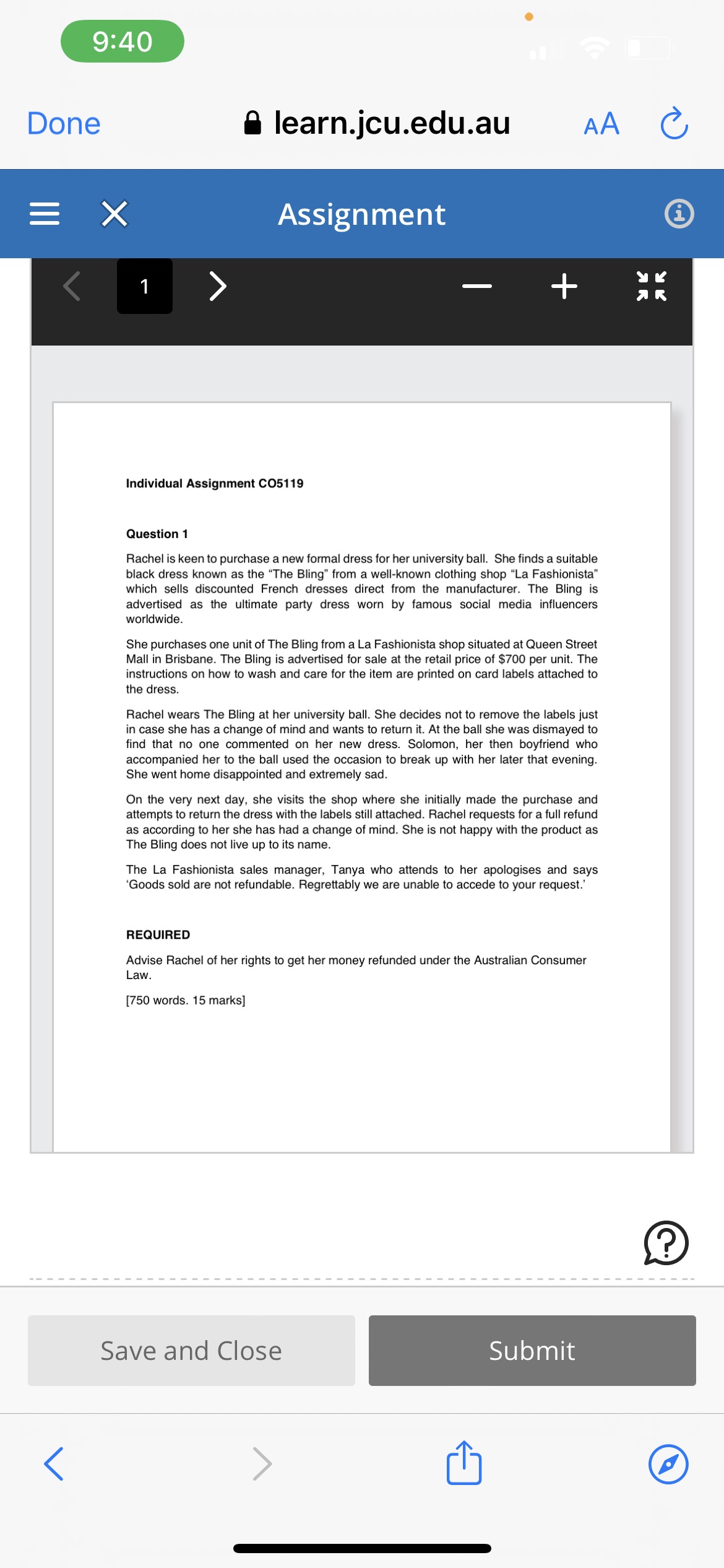  9:40 Done learn.jcu.edu.au AA C X Assignment i V + Individual