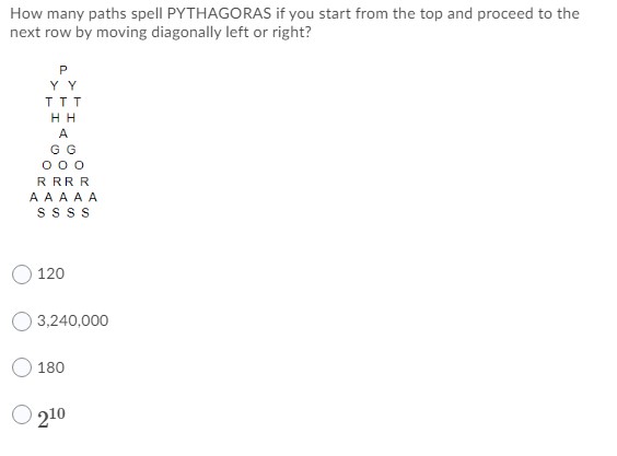 Data management question, reference photo below How many paths spell PYTHAGORAS if