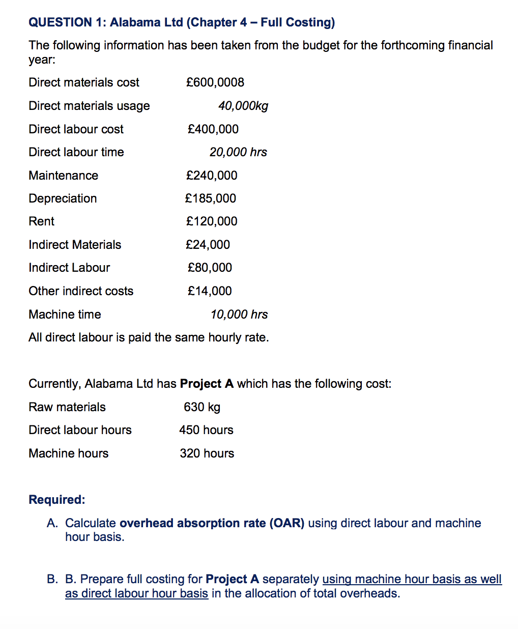  QUESTION 1: Alabama Ltd (Chapter 4 - Full Costing) The following