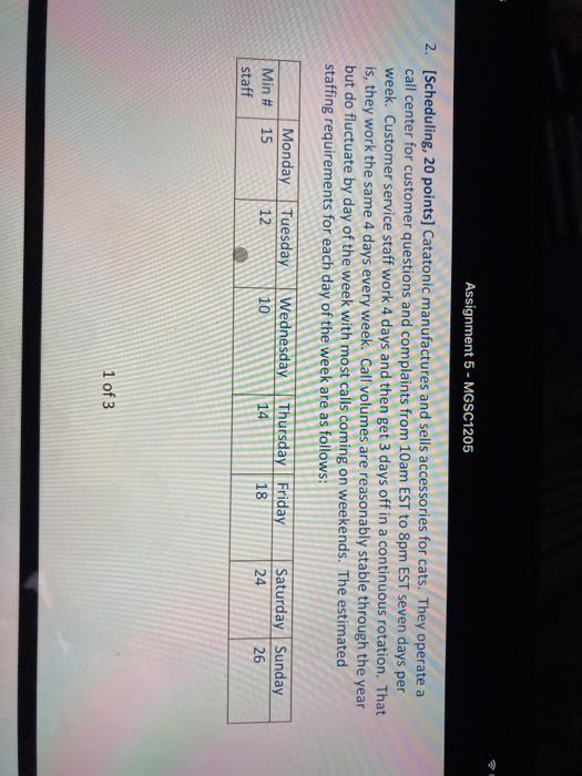  Assignment 5 - MGSC1205 2. (Scheduling, 20 points) Catatonic manufactures and