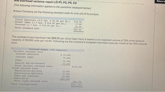  Return to and overhead variance report LO P1, P2, P3, C2