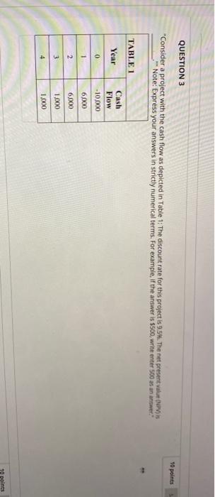  QUESTION 3 10 points "Consider a project with the cash flow