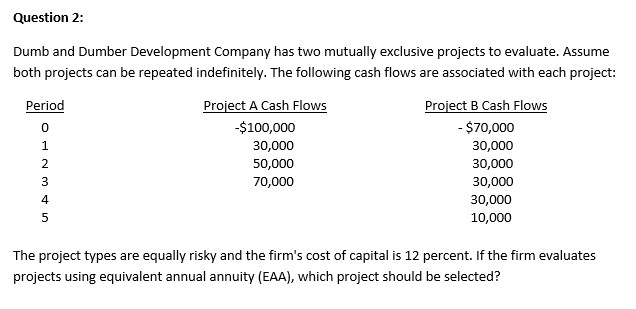  Question 2: Dumb and Dumber Development Company has two mutually exclusive