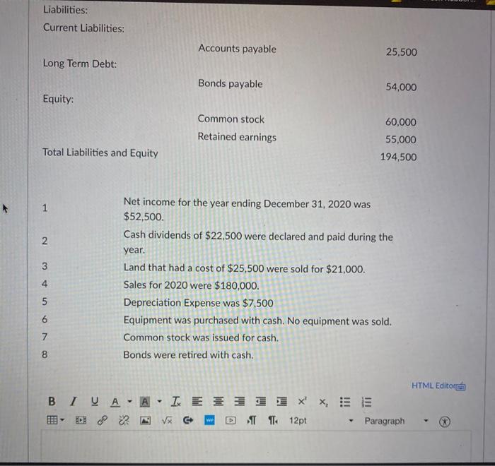 prepare a Cash Flow Statement for the period ended 12/31/2020: 12/31/2020 12