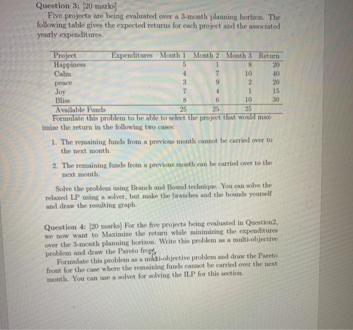  Question 3: 20 marks] Five projects are being evaluated over a