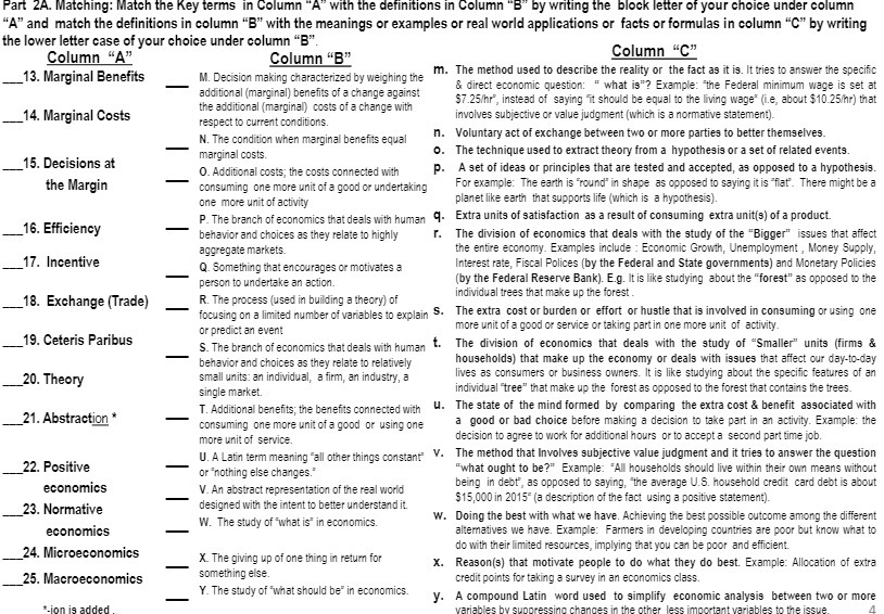 Part 2A. Matching: Match the Key terms in Column "A" with