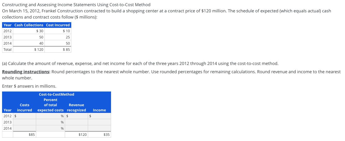 Constructing and Assessing Income Statements Using Cost-to-Cost Method On March 15,