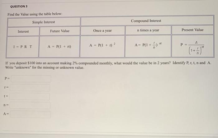  QUESTION 3 Find the value using the table below: Simple Interest