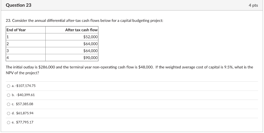 Question 23 4 pts 23. Consider the annual differential after-tax cash