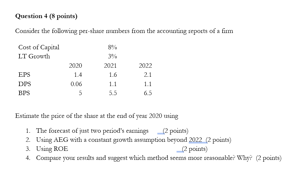 Question 4 (8 points) Consider the following per-share numbers from the