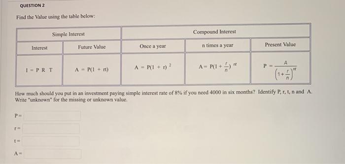  QUESTION 2 Find the Value using the table below: Simple Interest
