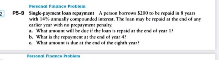  2 Personal Finance Problem P5-9 Single-payment loan repayment A person borrows