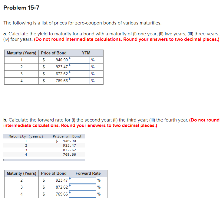 Problem 15-7 The following is a list of prices for zero-coupon