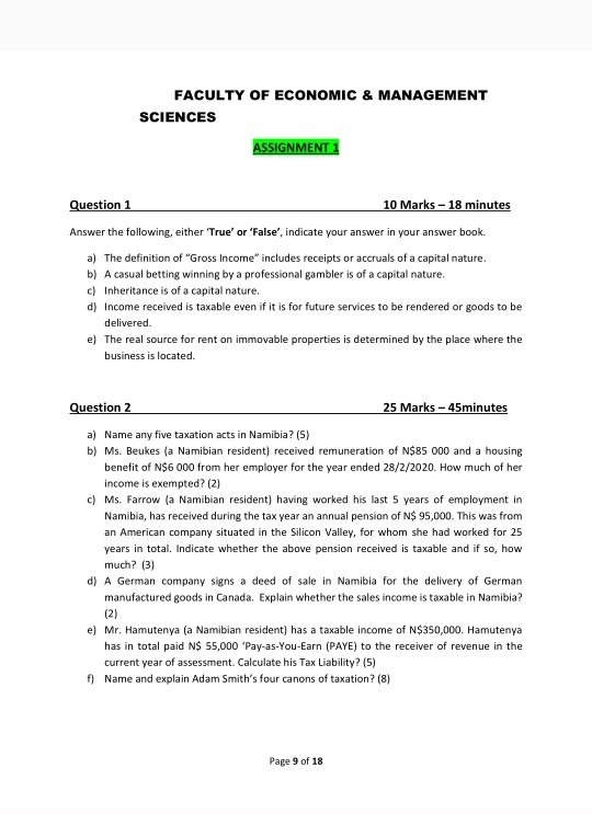  FACULTY OF ECONOMIC & MANAGEMENT SCIENCES ASSIGNMENT 1 Question 1 10
