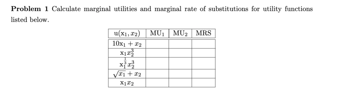 please show work and explain! thank you. Problem 1 Calculate marginal utilitiu