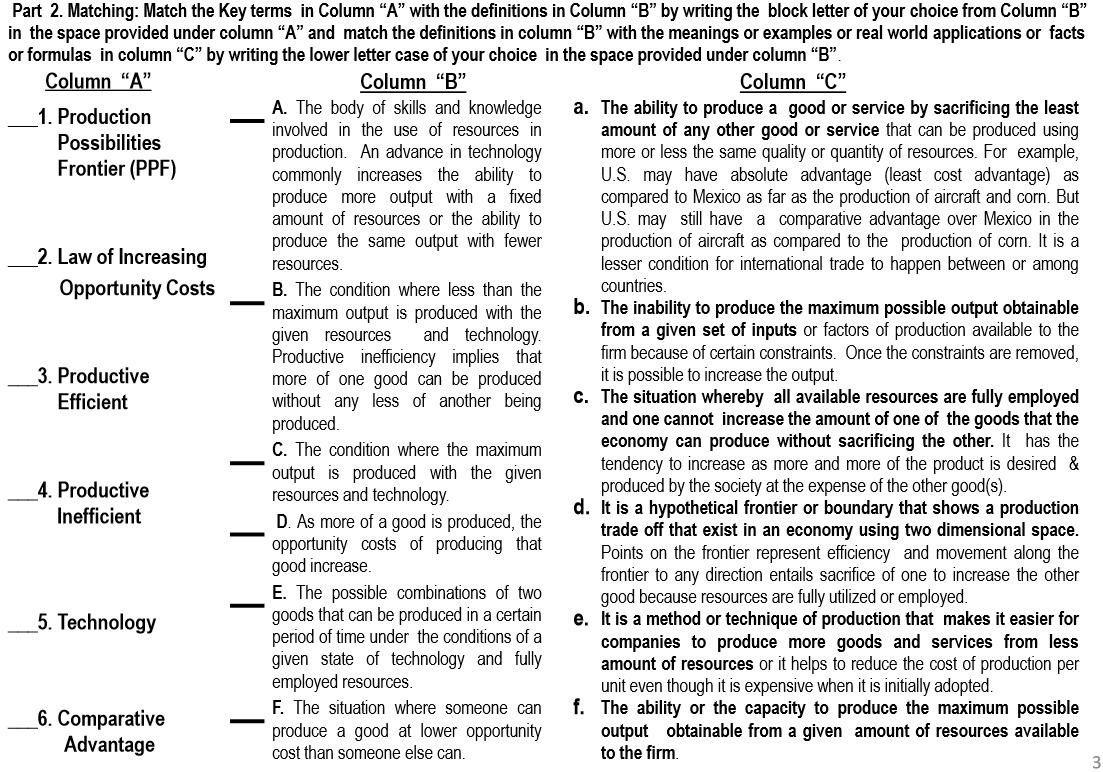 Part 2. Matching: Match the Key terms in Column \"A\" with