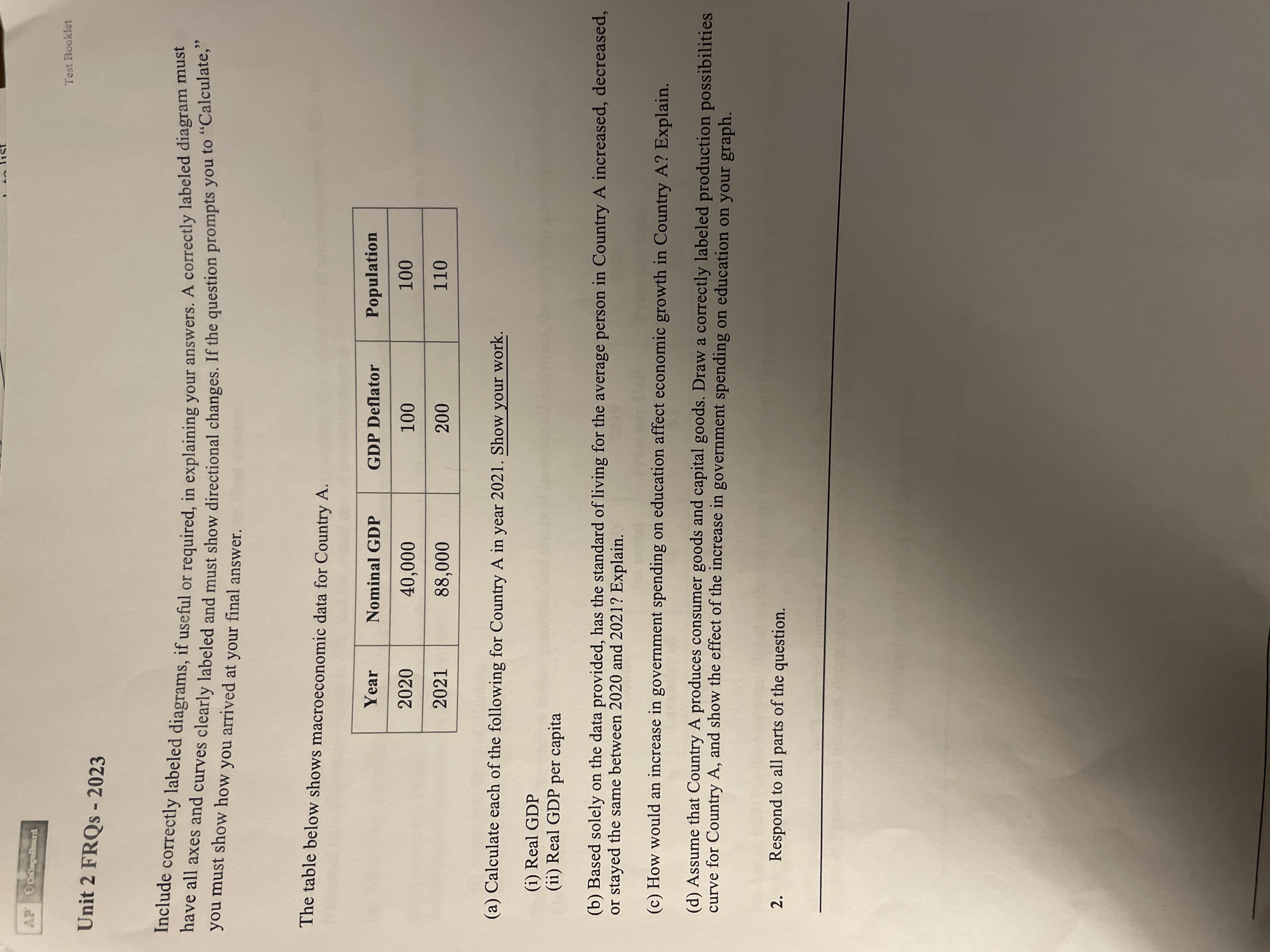 AP Caleg-Board Test Booklet Unit 2 FRQs - 2023 Include correctly