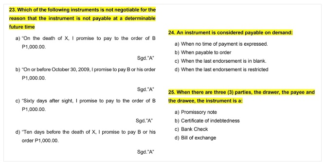 Negotiable Instruments Law: Choose the CORRECT answer and EXPLAIN. 23. Which of