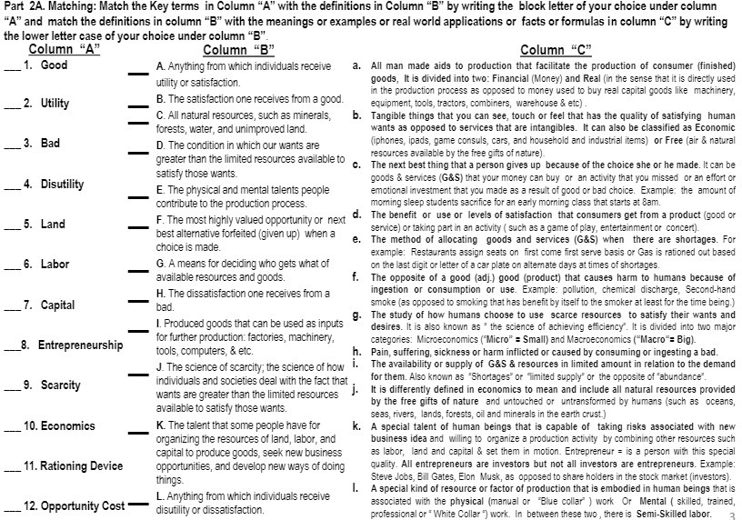  Part 2A. Matching: Match the Key terms in Column "A" with