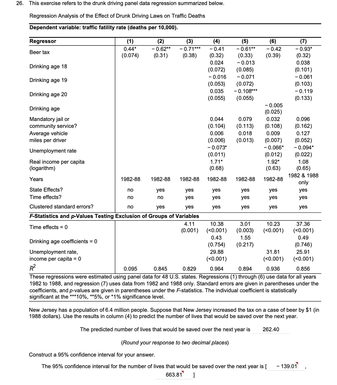  26. This exercise refers to the drunk driving panel data regression