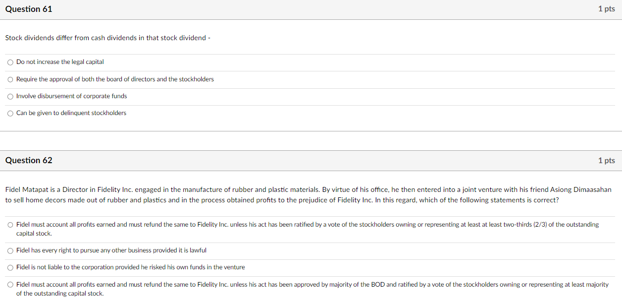 Question 61 1 pts Stock dividends differ from cash dividends in