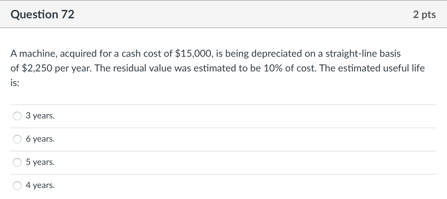 Question 72 2 pts A machine, acquired for a cash cost
