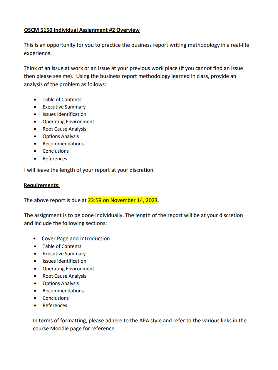 OSCM 5150 Individual Assignment \#2 Overview This is an opportunity for