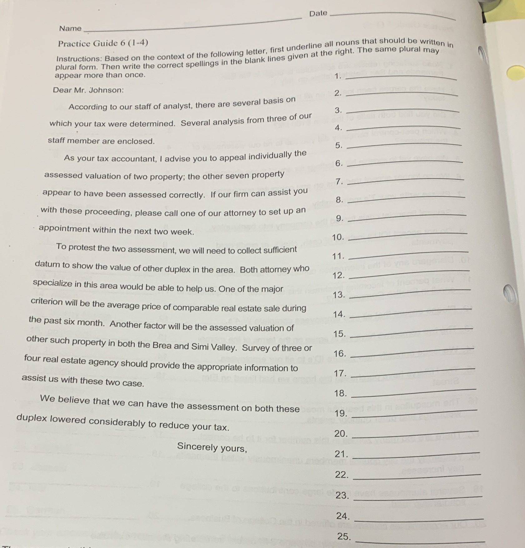 Date Name Practice Guide 6 (1-4) instructions: Based on the context