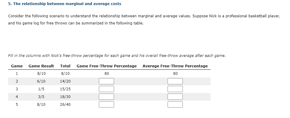  5. The relationship between marginal and average costs Consider the following