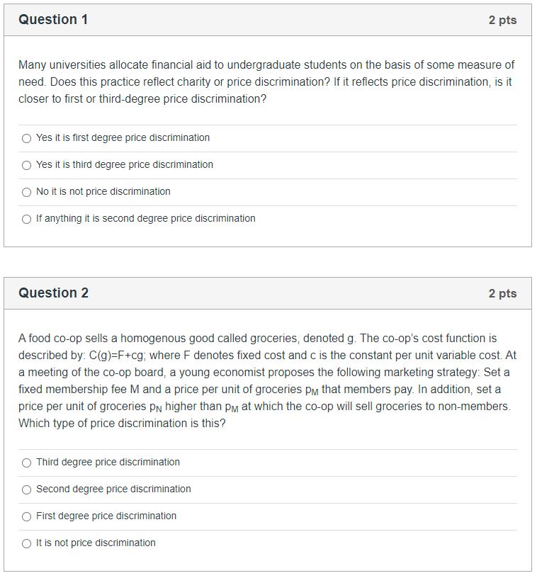 Please help Question 1 2 pts Many universities allocate nancial aid to
