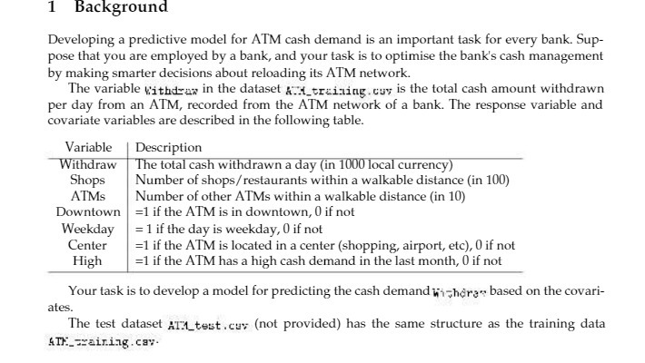  1 Background Developing a predictive model for ATM cash demand is