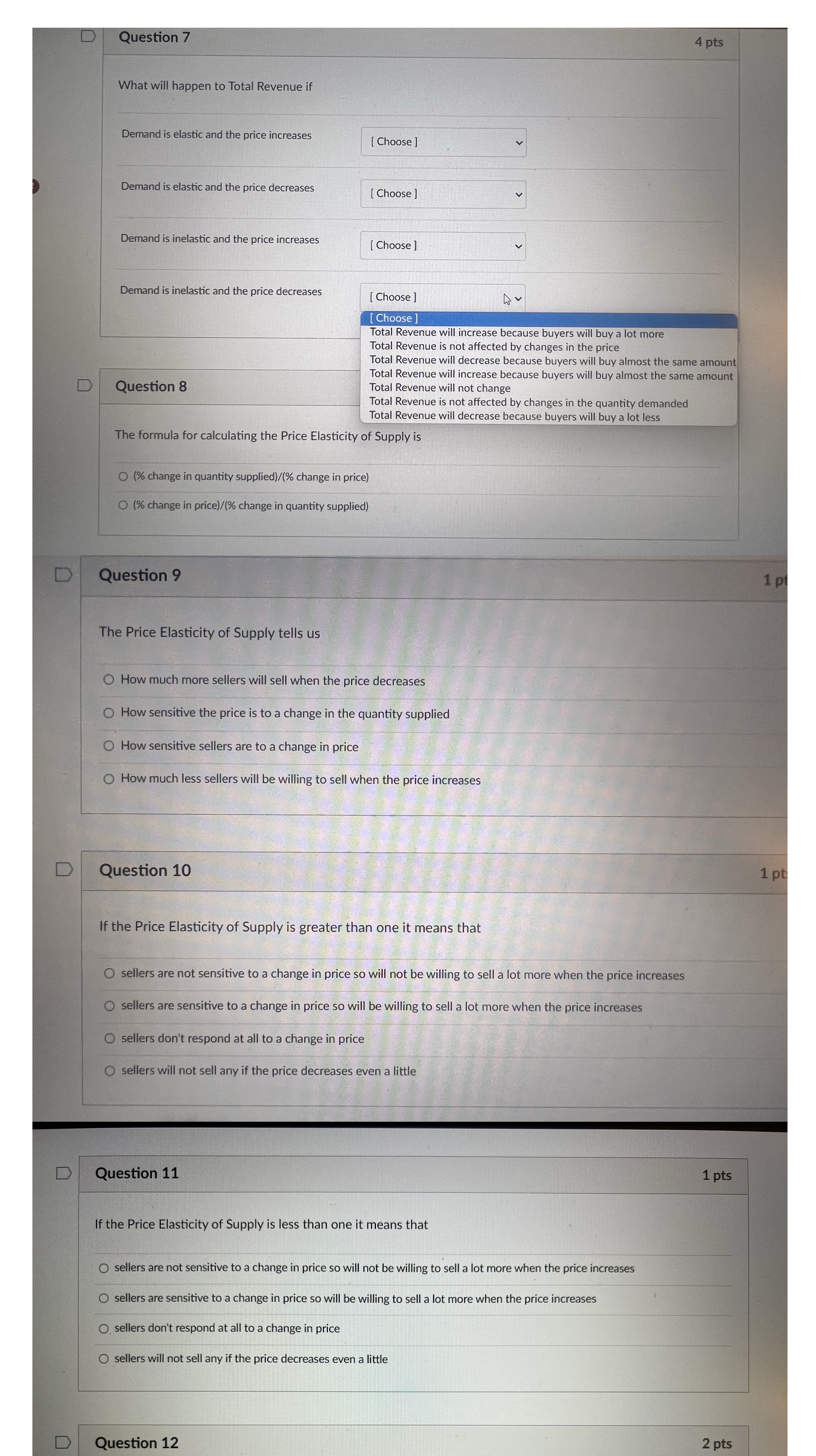 7, 8, 9, 10 and 11. For question 7 possible answers for