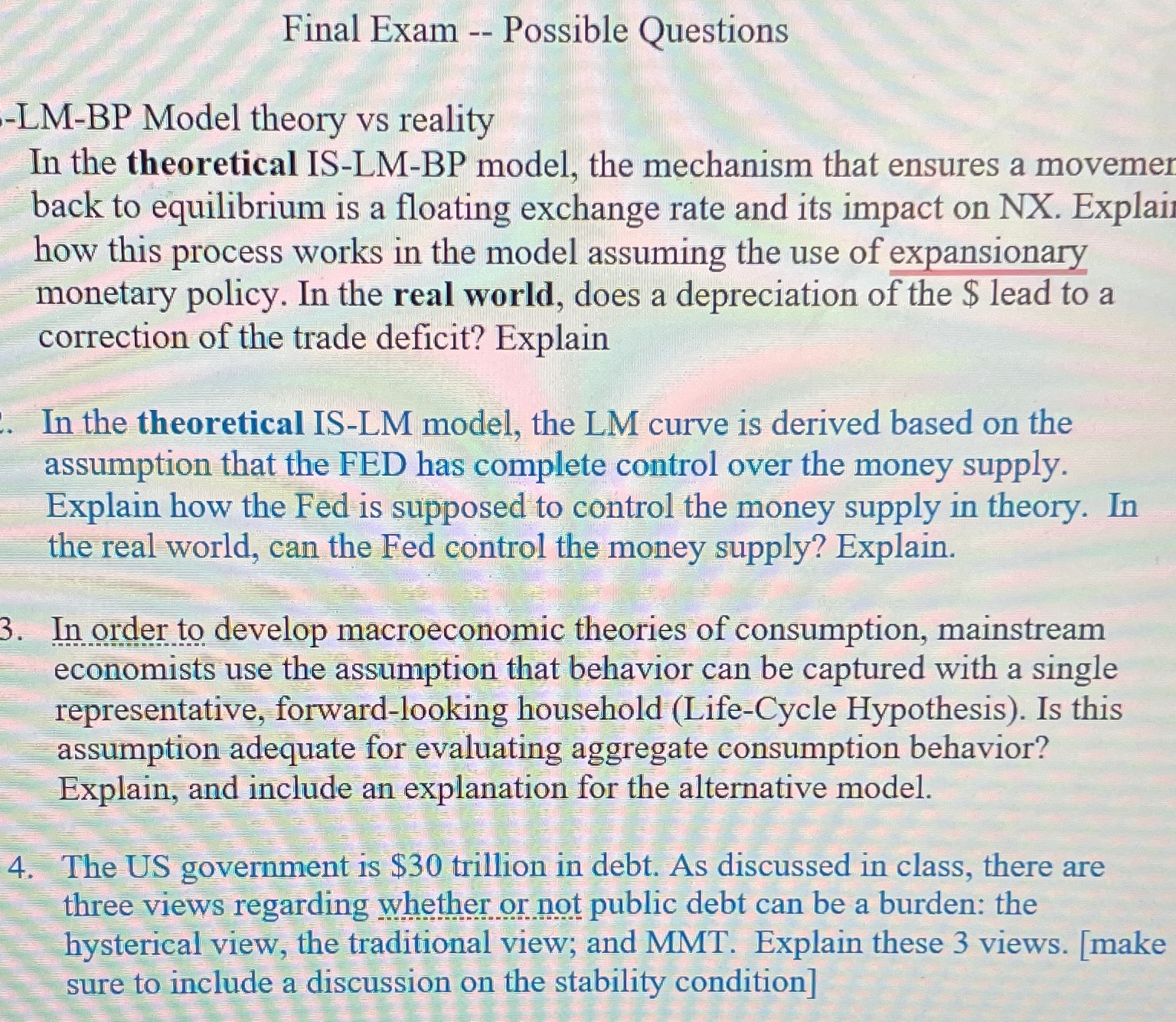  Final Exam -- Possible Questions -LM-BP Model theory vs reality In