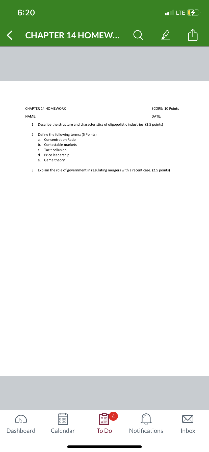 6:20 .LTE CHAPTER 14 HOMEW... Q CHAPTER 14 HOMEWORK SCORE: 10