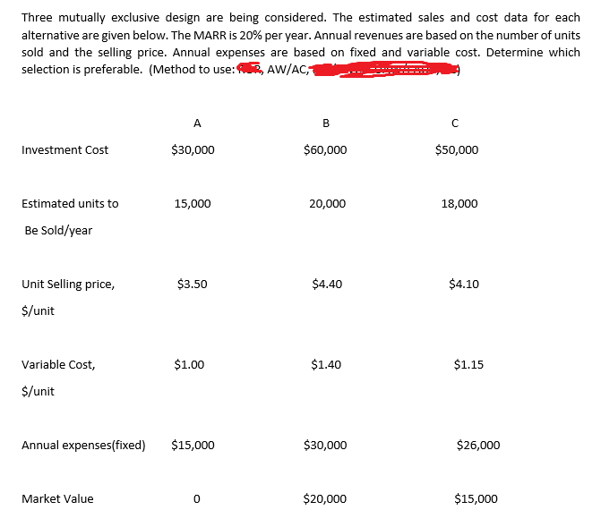  Three mutually exclusive design are being considered. The estimated sales and