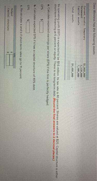  Date Wireless has the following assets: Current assets: Temporary Permanent Capital