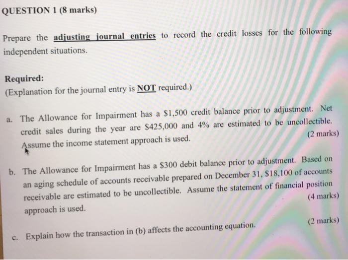  QUESTION 1 (8 marks) Prepare the adjusting journal entries to record