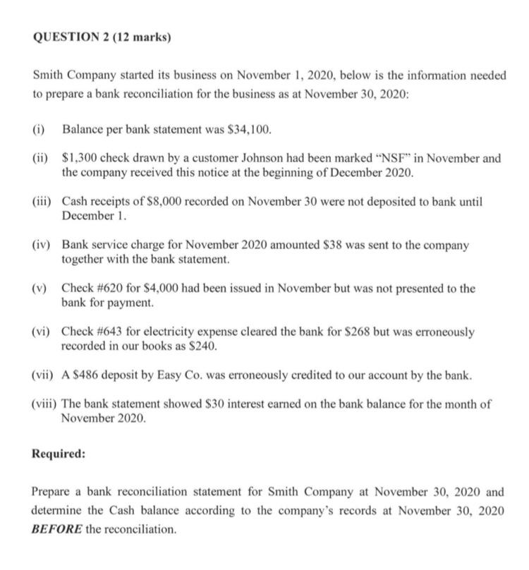  QUESTION 2 (12 marks) Smith Company started its business on November
