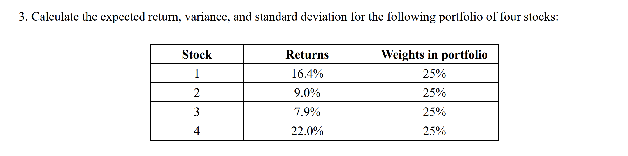 3. Calculate the expected return, variance, and standard deviation for the