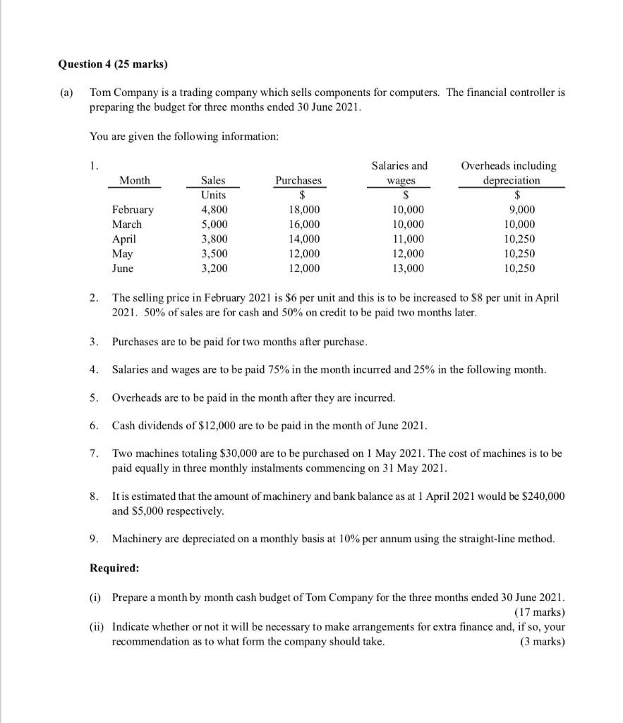  Question 4 (25 marks) (a) Tom Company is a trading company