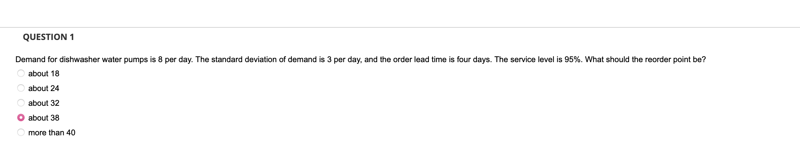 QUESTION 1 Demand for dishwasher water pumps is 8 per day. The