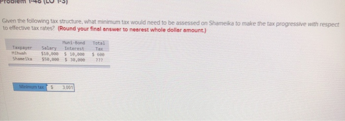  Problem 1-46 (LU 1-5) Given the following tax structure, what minimum