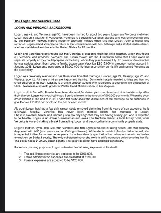  The Logan and Veronica Case LOGAN AND VERONICA BACKGROUND Logan, age